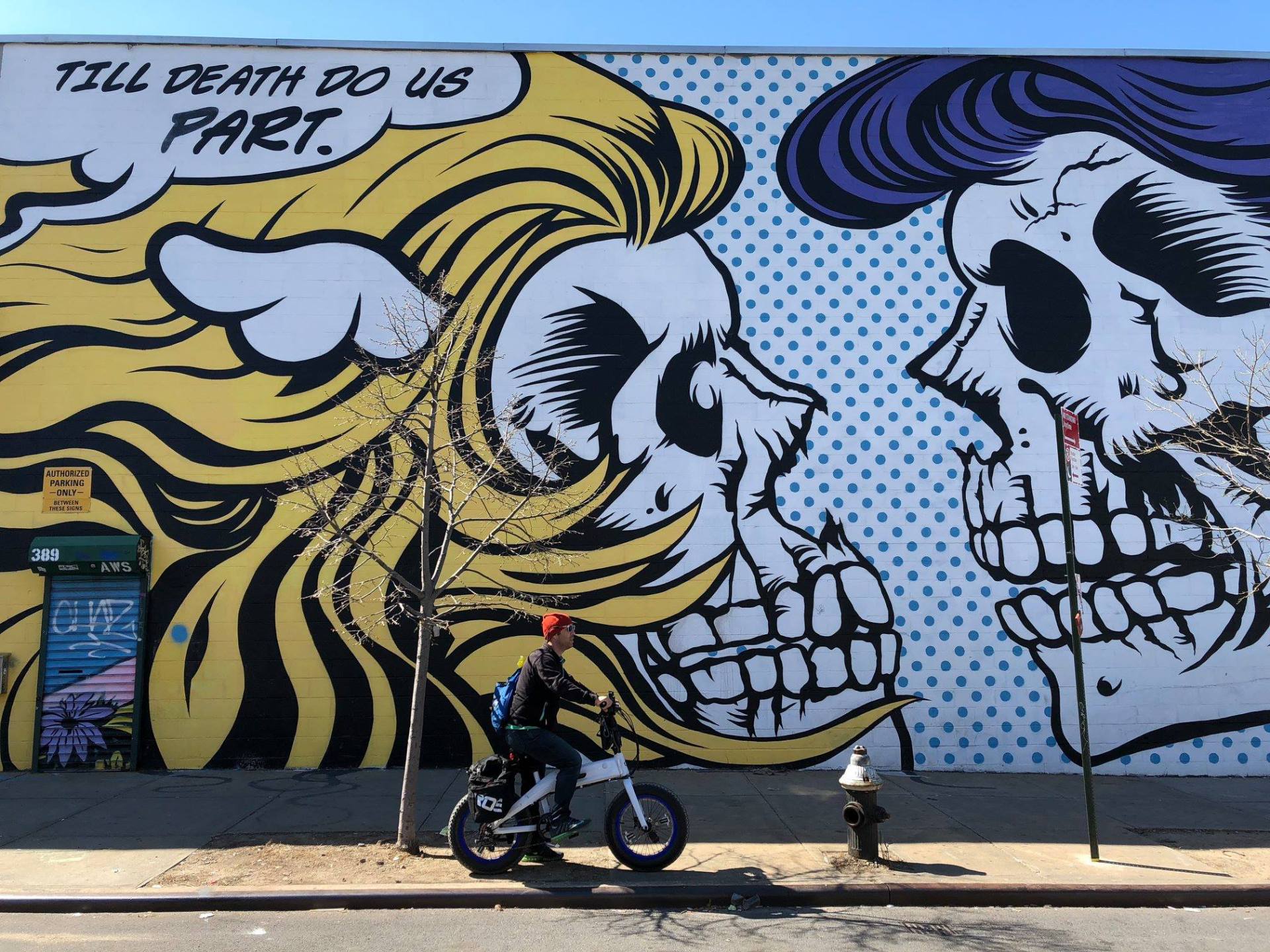 big mural of skulls with ebike rider in front of it