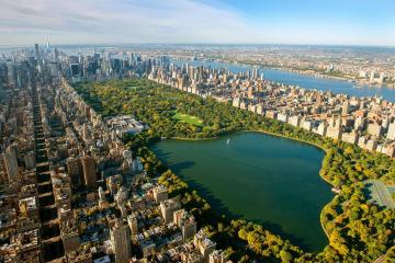 central park overhead view with water and city