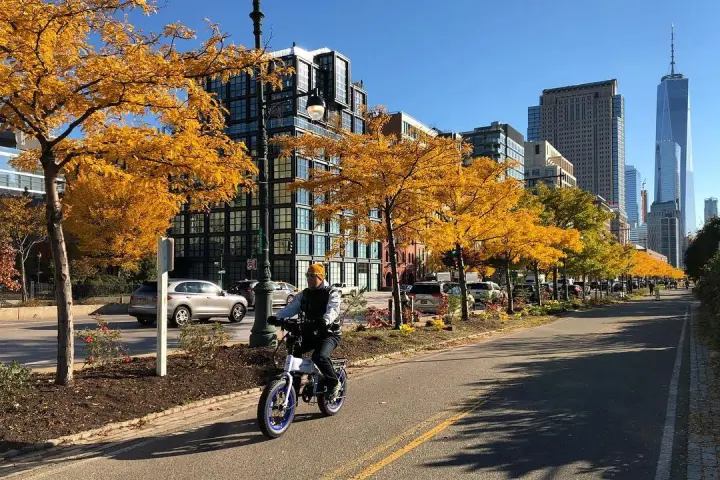 fall leaves with ebike on bike path
