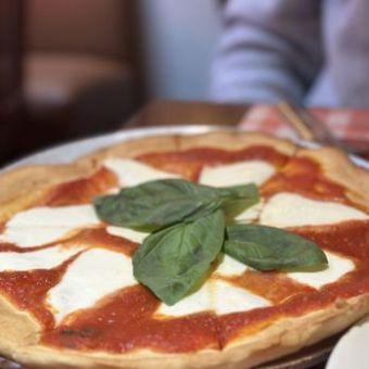 Pizza with tomato sauce, mozzarella, and basil leaves on top.