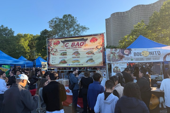 Crowd at outdoor market with food stalls and blue tents under a clear sky.