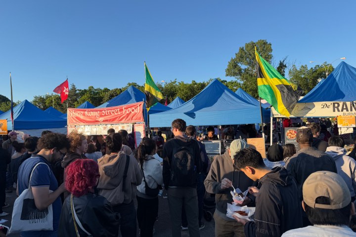 Crowd at outdoor market with blue tents and various food stalls.